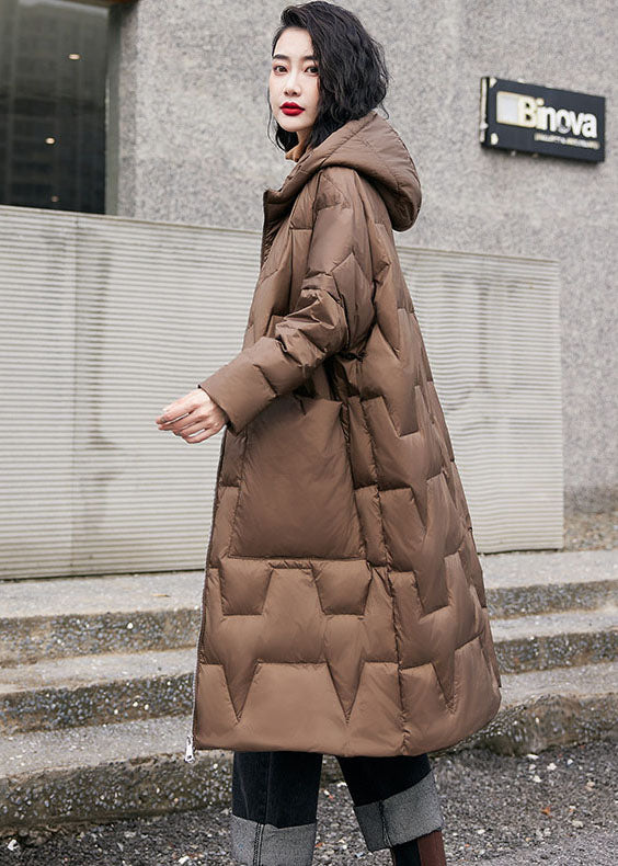 French Brown Solid Hooded Zippered Duck Down Puffers Coats Winter - Down Jackets - DYAVOR®