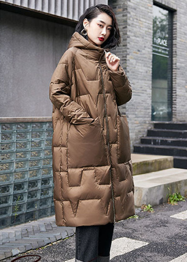 French Brown Solid Hooded Zippered Duck Down Puffers Coats Winter - Down Jackets - DYAVOR®