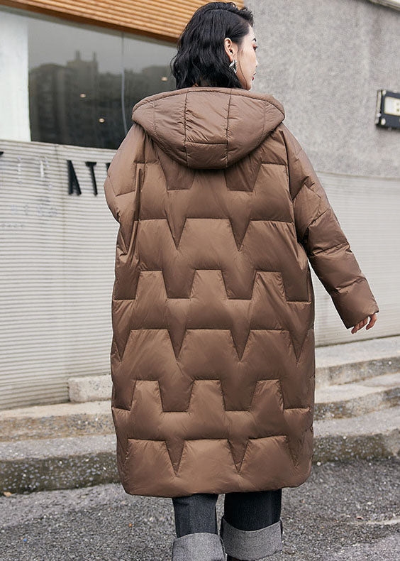 French Brown Solid Hooded Zippered Duck Down Puffers Coats Winter - Down Jackets - DYAVOR®