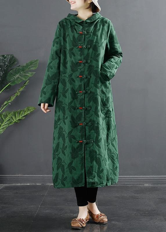 French Green Jacquard Hooded Chinese Button Robe Dresses - Trench coats - DYAVOR®