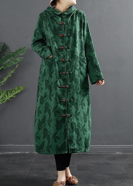 French Green Jacquard Hooded Chinese Button Robe Dresses - Trench coats - DYAVOR®