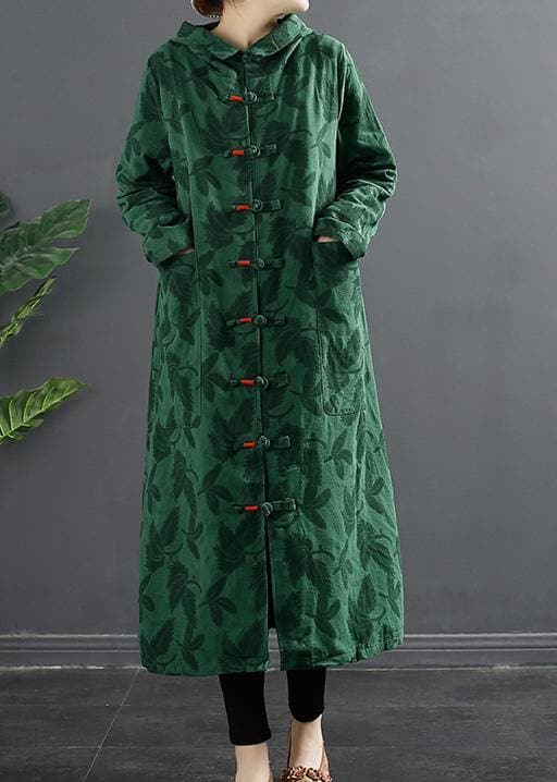 French Green Jacquard Hooded Chinese Button Robe Dresses - Trench coats - DYAVOR®