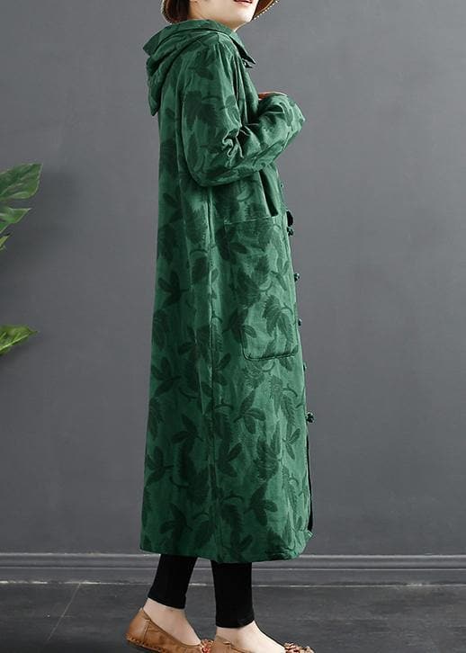 French Green Jacquard Hooded Chinese Button Robe Dresses - Trench coats - DYAVOR®