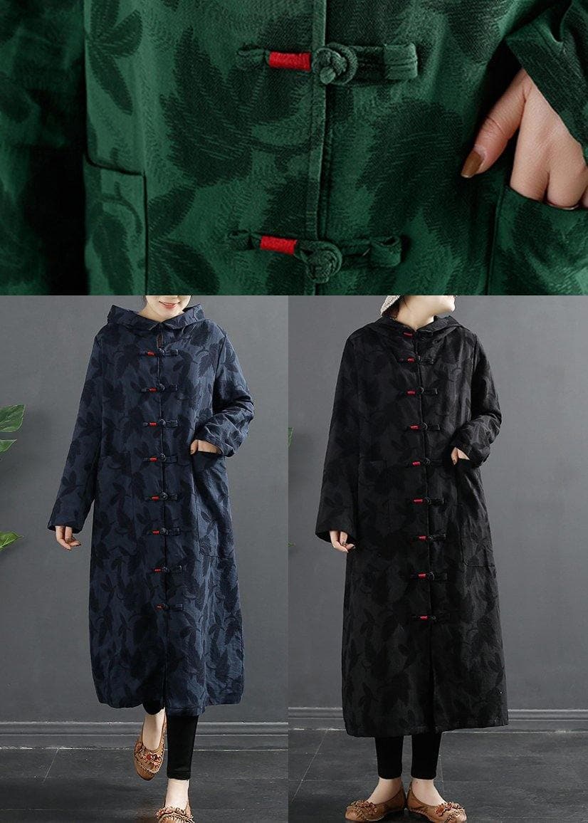 French Green Jacquard Hooded Chinese Button Robe Dresses - Trench coats - DYAVOR®
