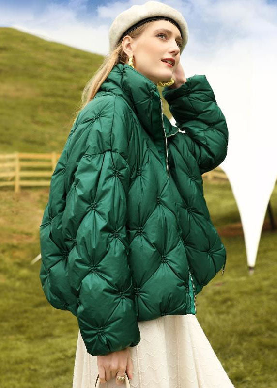 French Green Stand Collar Zip Up Wrinkled Fine Cotton Filled Parkas Winter - Down Jackets - DYAVOR®
