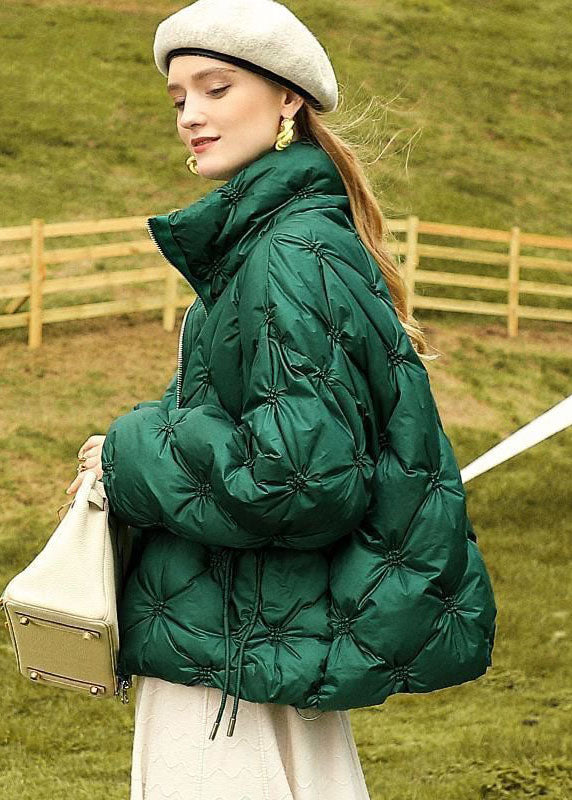 French Green Stand Collar Zip Up Wrinkled Fine Cotton Filled Parkas Winter - Down Jackets - DYAVOR®