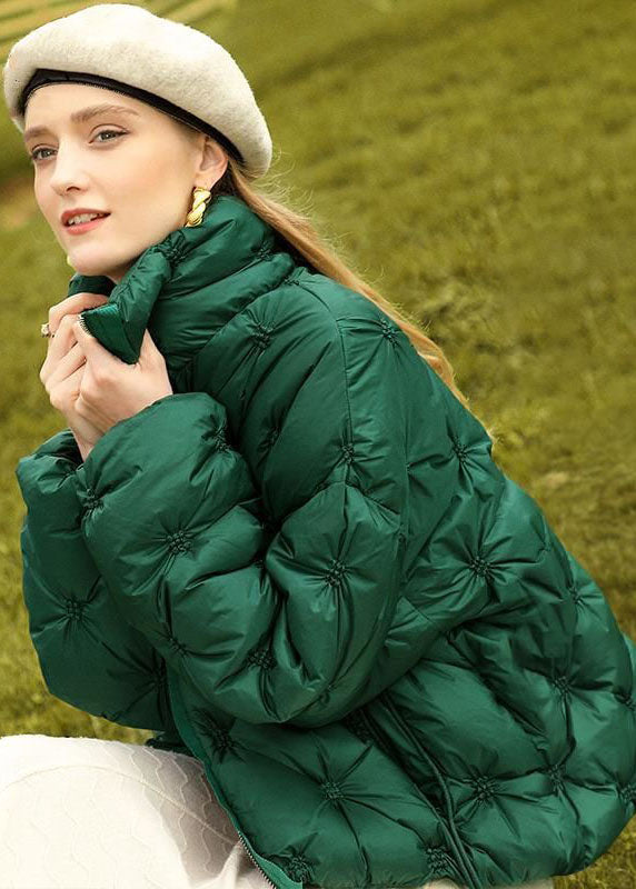 French Green Stand Collar Zip Up Wrinkled Fine Cotton Filled Parkas Winter - Down Jackets - DYAVOR®