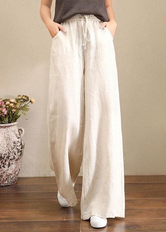 French Grey Elastic Waist Pockets Linen Wide Leg Pants Summer - Pants - DYAVOR®