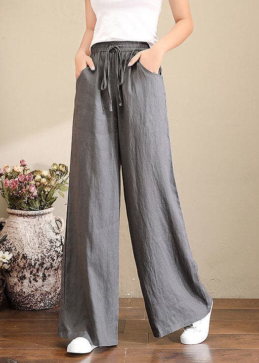 French Grey Elastic Waist Pockets Linen Wide Leg Pants Summer - Pants - DYAVOR®