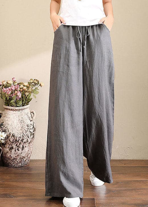 French Grey Elastic Waist Pockets Linen Wide Leg Pants Summer - Pants - DYAVOR®