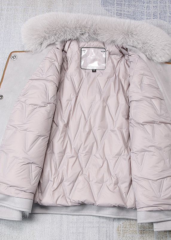 French Grey Fox Collar Leather Patchwork Button Down Coat Winter - Down Jackets - DYAVOR®