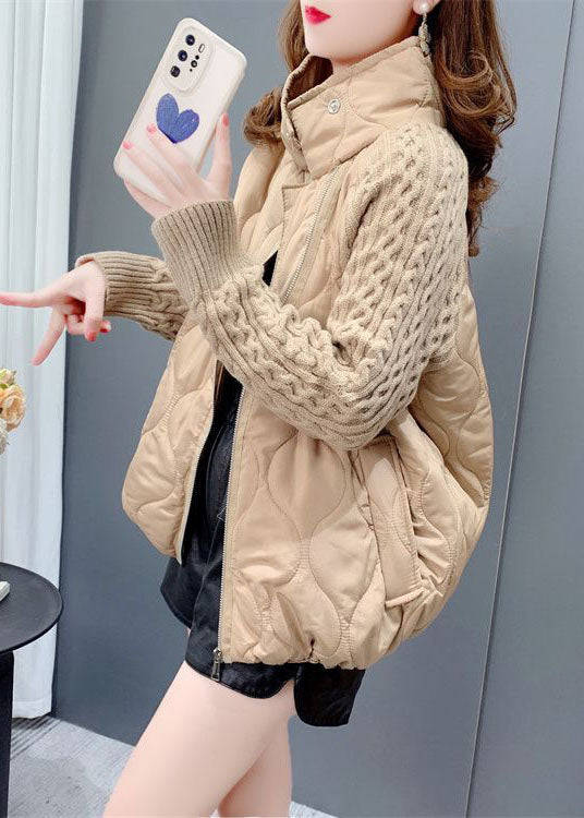 French Khaki Stand Collar Zip Up Knit Patchwork Fine Cotton Filled Coat Winter - Down Jackets - DYAVOR®
