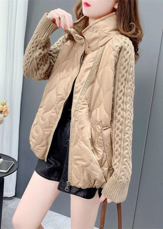 French Khaki Stand Collar Zip Up Knit Patchwork Fine Cotton Filled Coat Winter - Down Jackets - DYAVOR®