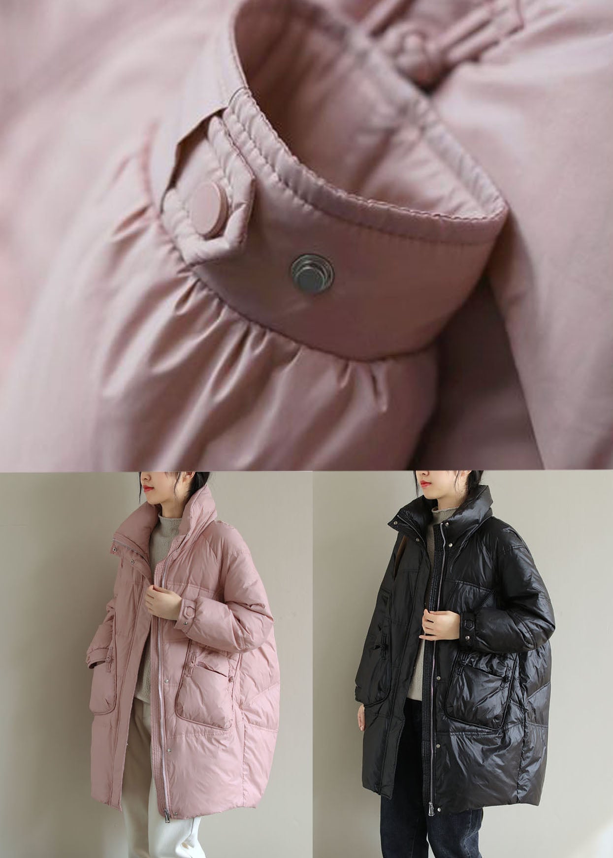 French Pink Zippered Oriental Button Duck Down Puffer Coat Winter - Down Jackets - DYAVOR®
