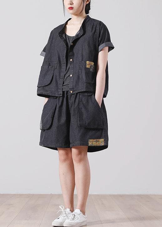 French Pockets hot pants Denim Black Short Sleeve Two Pieces Set - short sleeved tops - DYAVOR®