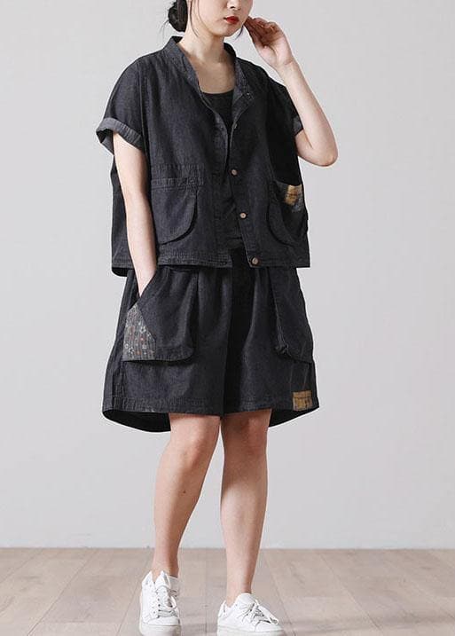 French Pockets hot pants Denim Black Short Sleeve Two Pieces Set - short sleeved tops - DYAVOR®