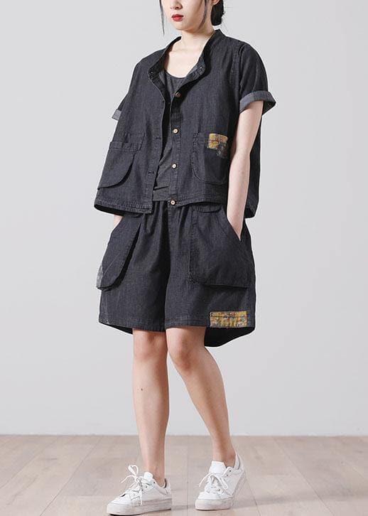 French Pockets hot pants Denim Black Short Sleeve Two Pieces Set - short sleeved tops - DYAVOR®