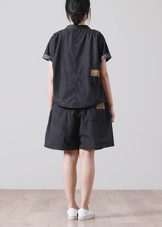 French Pockets hot pants Denim Black Short Sleeve Two Pieces Set - short sleeved tops - DYAVOR®