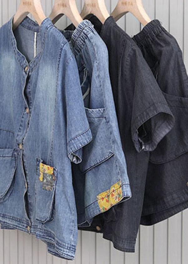 French Pockets hot pants Denim Black Short Sleeve Two Pieces Set - short sleeved tops - DYAVOR®