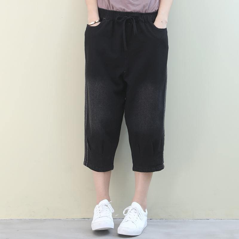 French pants plus size denim black elastic waist pockets pants - - DYAVOR®
