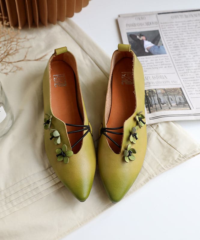 Green Asymmetrical Floral Flat Shoes Pointed Toe Cowhide Leather Flat Shoes For Women - Flats Shoes - DYAVOR®