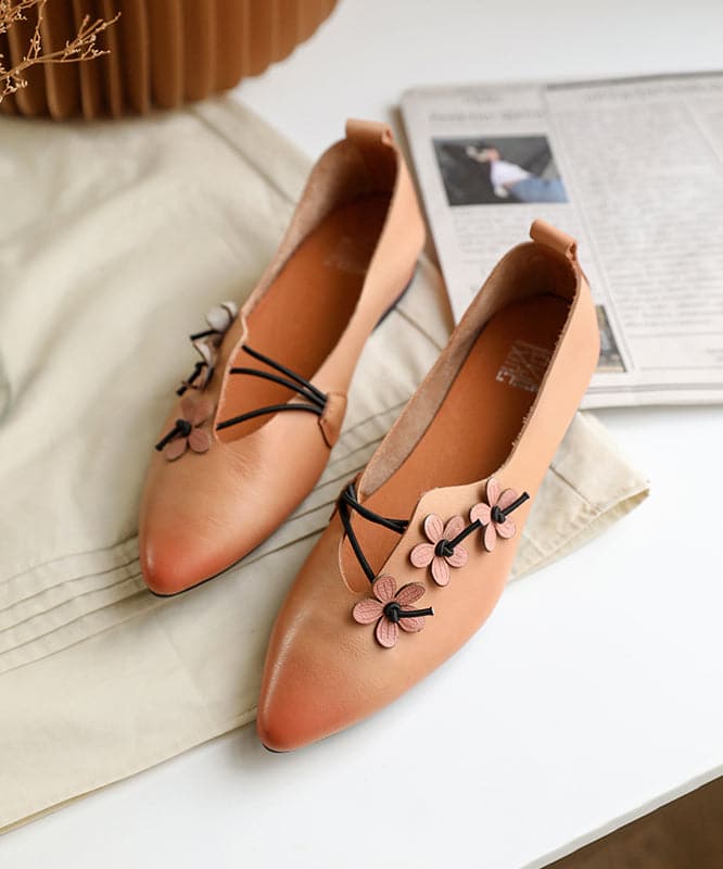 Green Asymmetrical Floral Flat Shoes Pointed Toe Cowhide Leather Flat Shoes For Women - Flats Shoes - DYAVOR®