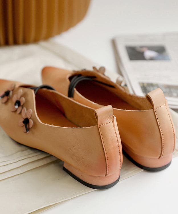 Green Asymmetrical Floral Flat Shoes Pointed Toe Cowhide Leather Flat Shoes For Women - Flats Shoes - DYAVOR®