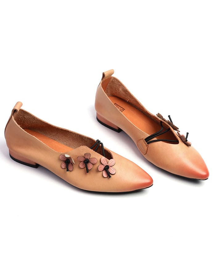 Green Asymmetrical Floral Flat Shoes Pointed Toe Cowhide Leather Flat Shoes For Women - Flats Shoes - DYAVOR®