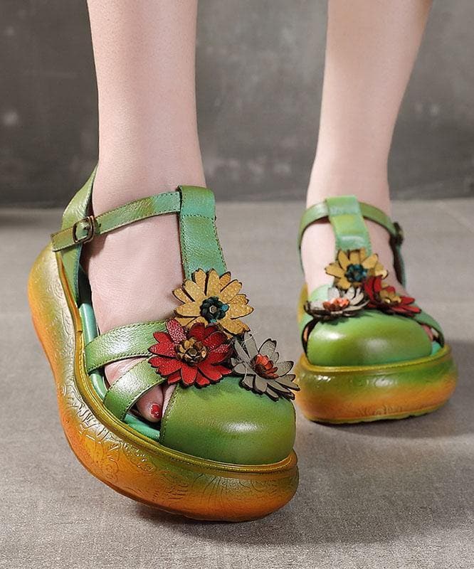 Green Cowhide Leather Buckle Strap Platform Sandals - Sandals - DYAVOR®