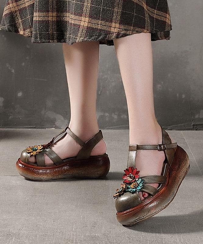 Green Cowhide Leather Buckle Strap Platform Sandals - Sandals - DYAVOR®