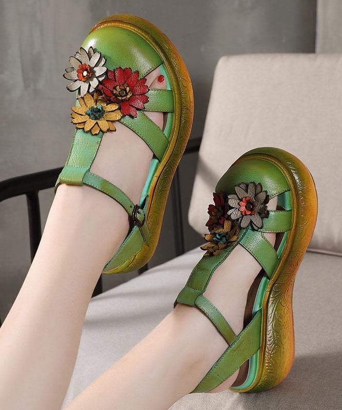 Green Cowhide Leather Buckle Strap Platform Sandals - Sandals - DYAVOR®