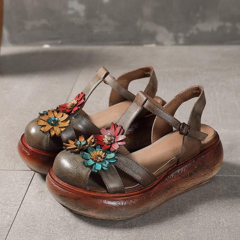 Green Cowhide Leather Buckle Strap Platform Sandals - Sandals - DYAVOR®