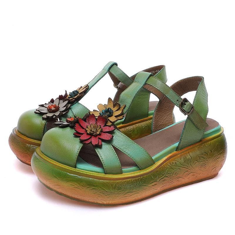Green Cowhide Leather Buckle Strap Platform Sandals - Sandals - DYAVOR®