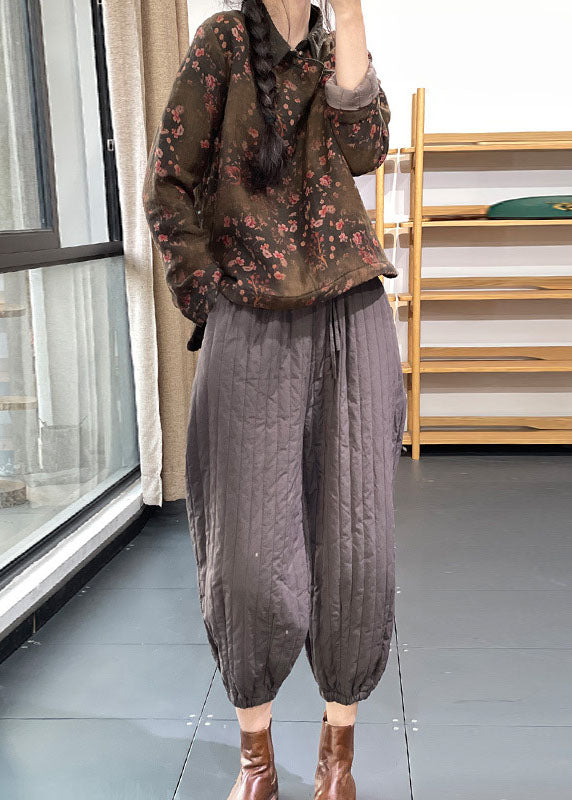 Green Patchwork Linen Blouse Top Cotton Side Open Filled Winter - Down Jackets - DYAVOR®