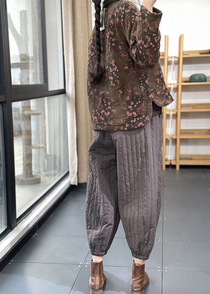 Green Patchwork Linen Blouse Top Cotton Side Open Filled Winter - Down Jackets - DYAVOR®