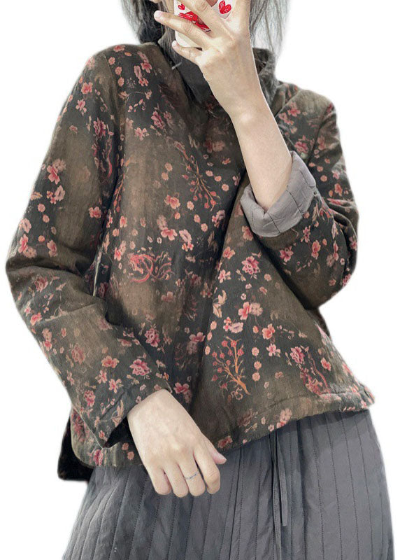 Green Patchwork Linen Blouse Top Cotton Side Open Filled Winter - Down Jackets - DYAVOR®