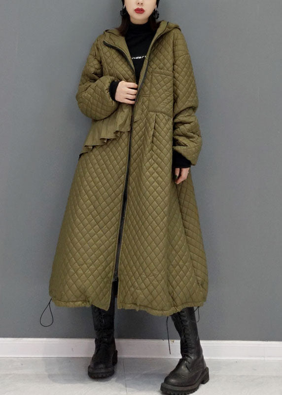 Green Plaid Fine Cotton Filled coats drawstring Zip Up Winter - Down Jackets - DYAVOR®