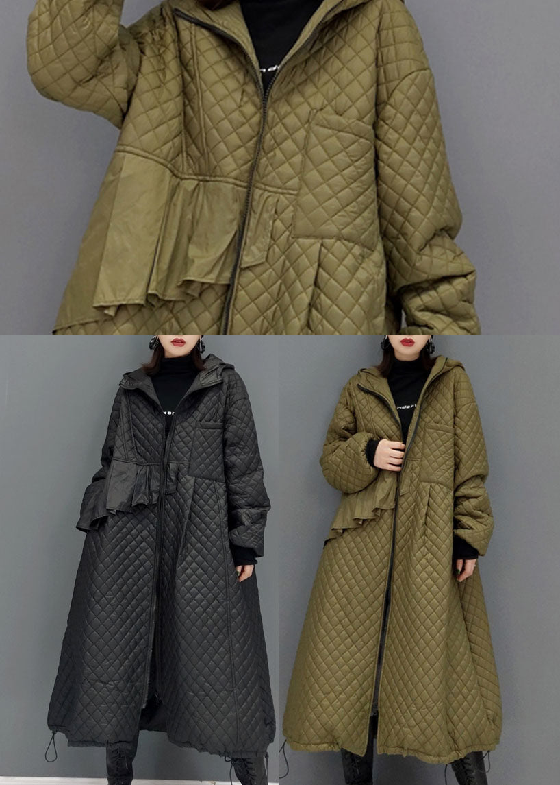 Green Plaid Fine Cotton Filled coats drawstring Zip Up Winter - Down Jackets - DYAVOR®