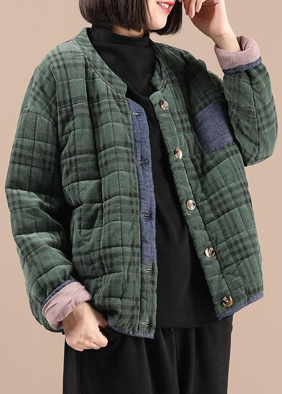 Green Plaid Patchwork Fine Cotton Filled Winter Coat - Down Jackets - DYAVOR®