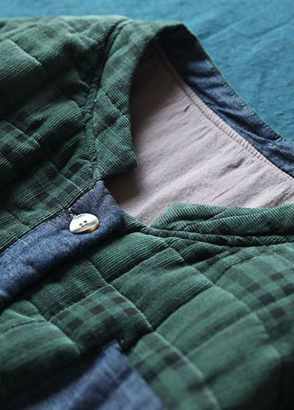 Green Plaid Patchwork Fine Cotton Filled Winter Coat - Down Jackets - DYAVOR®
