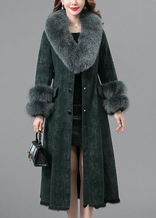 Green Rabbit Hair Collar Leather And Fur Parkas Lengthen Button Winter - Down Jackets - DYAVOR®