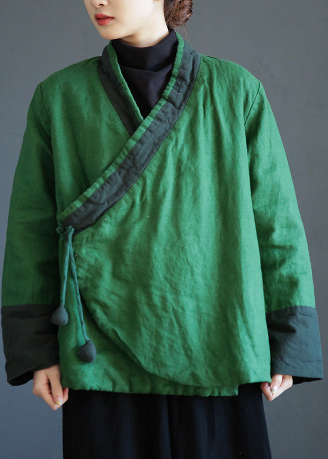 Green V Neck Tie Waist Warm Fleece Linen Parka Winter - Down Jackets - DYAVOR®