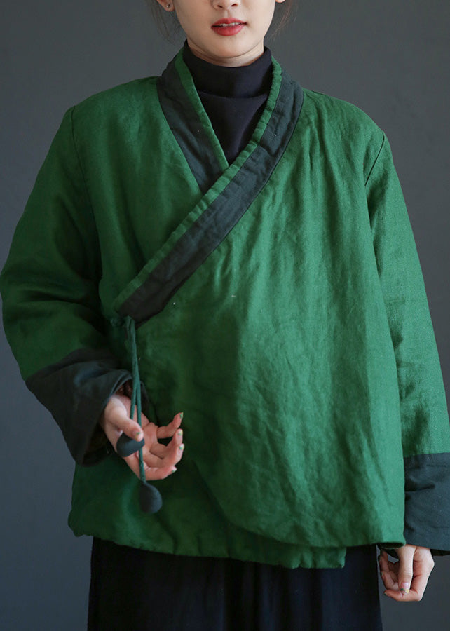 Green V Neck Tie Waist Warm Fleece Linen Parka Winter - Down Jackets - DYAVOR®