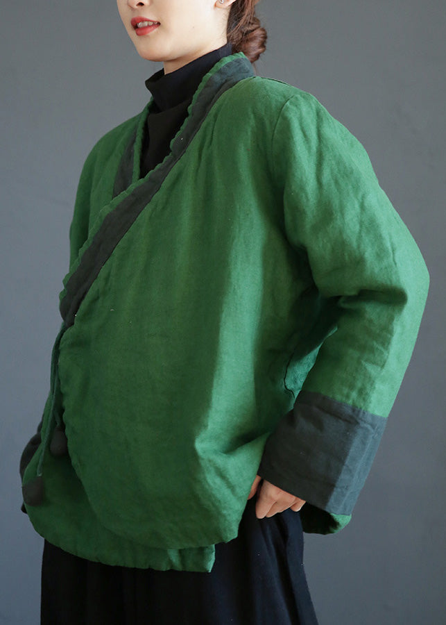 Green V Neck Tie Waist Warm Fleece Linen Parka Winter - Down Jackets - DYAVOR®