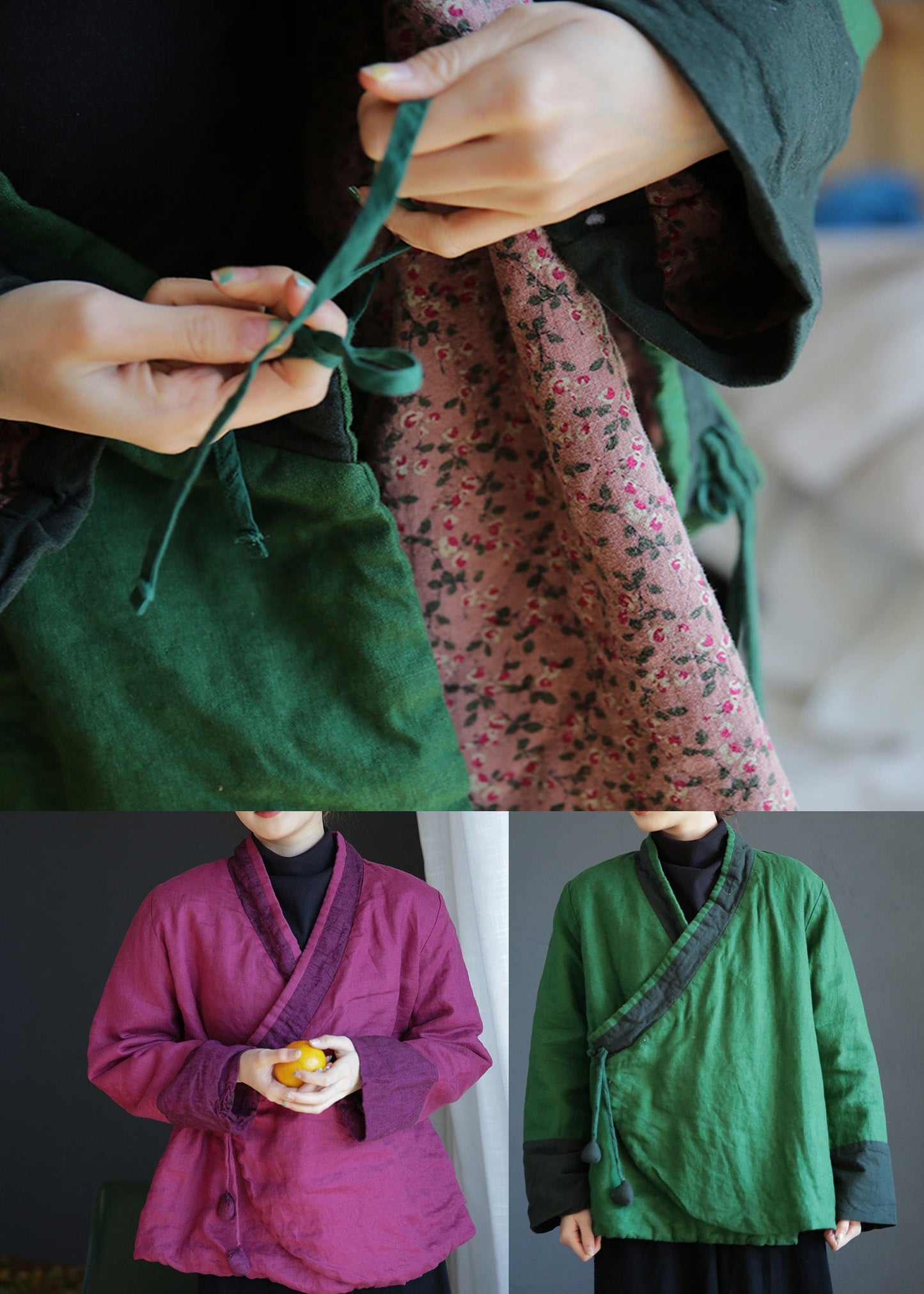 Green V Neck Tie Waist Warm Fleece Linen Parka Winter - Down Jackets - DYAVOR®