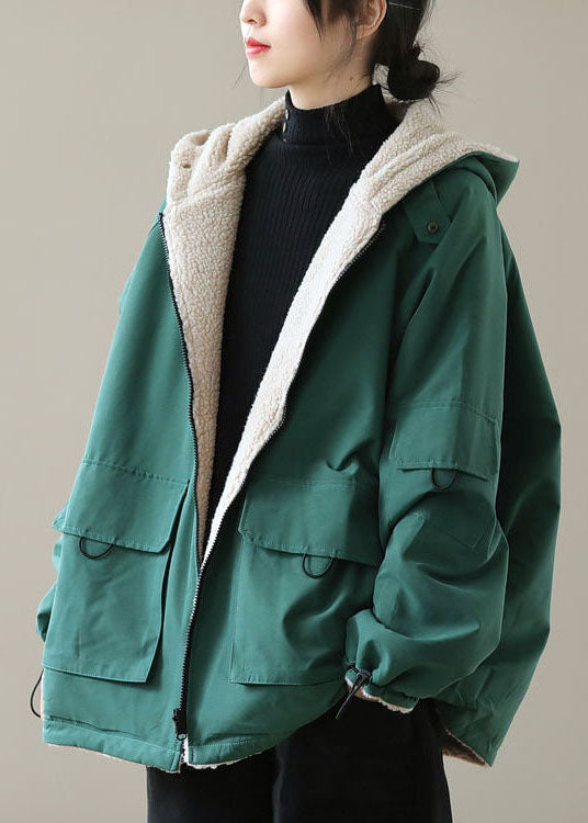 Green Warm Cotton Hooded Loose Coats Fuzzy Wool Lined Zip Up Winter - Down Jackets - DYAVOR®