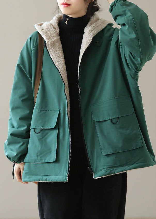 Green Warm Cotton Hooded Loose Coats Fuzzy Wool Lined Zip Up Winter - Down Jackets - DYAVOR®