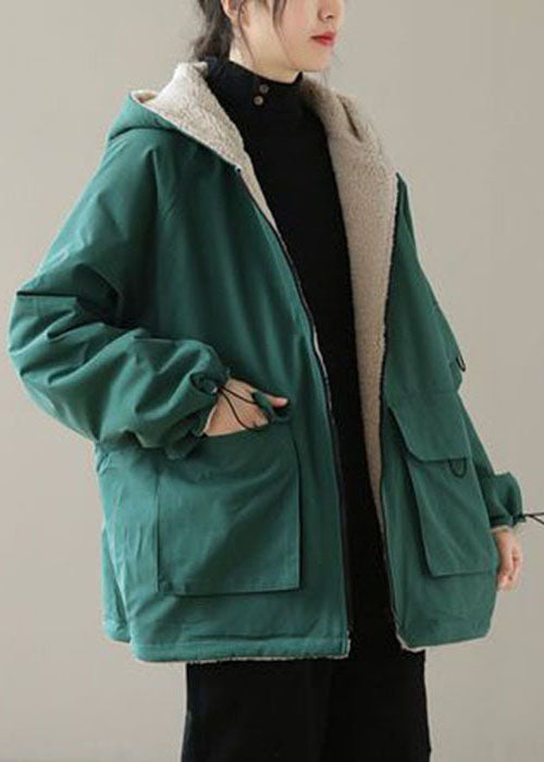 Green Warm Cotton Hooded Loose Coats Fuzzy Wool Lined Zip Up Winter - Down Jackets - DYAVOR®