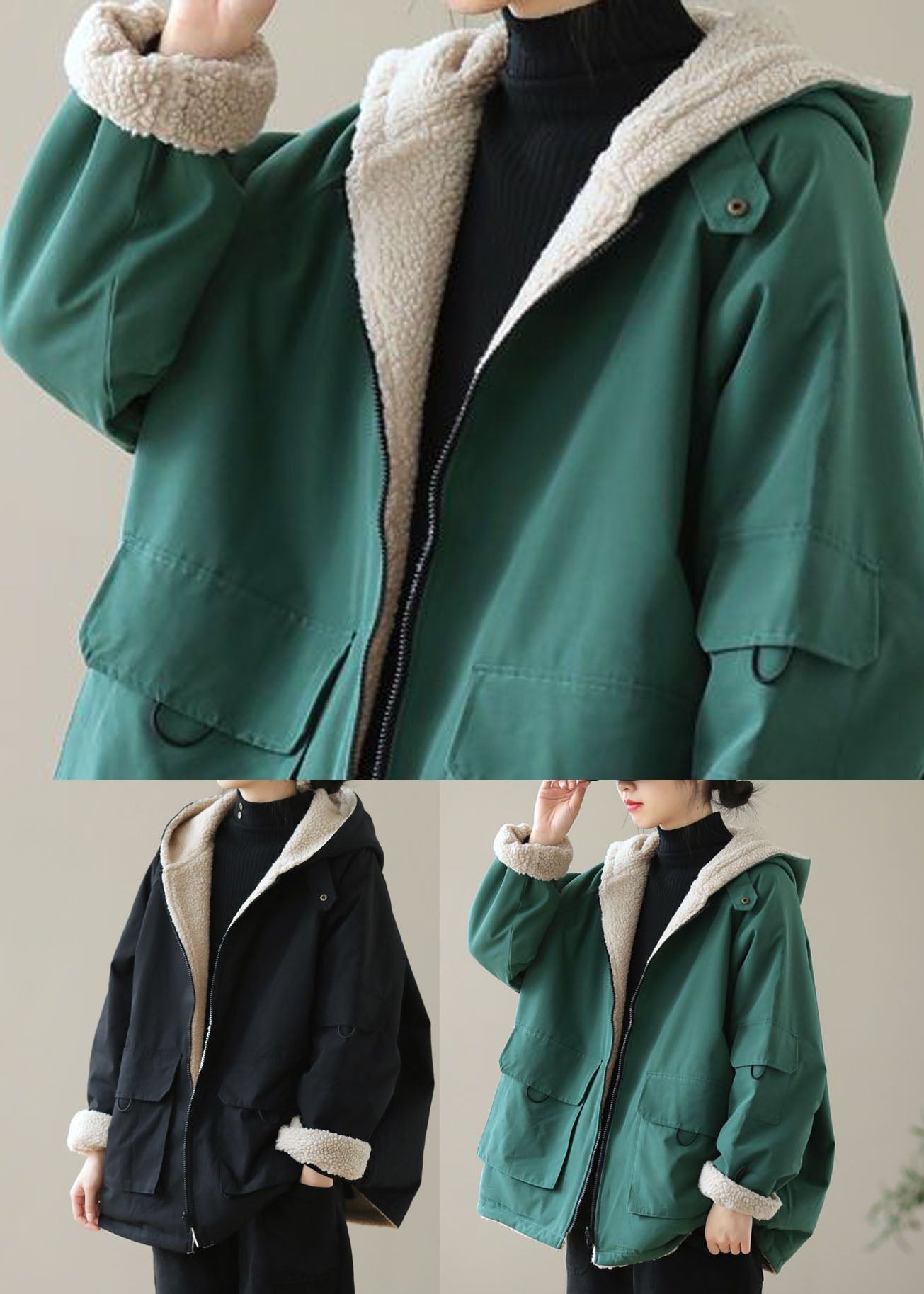 Green Warm Cotton Hooded Loose Coats Fuzzy Wool Lined Zip Up Winter - Down Jackets - DYAVOR®