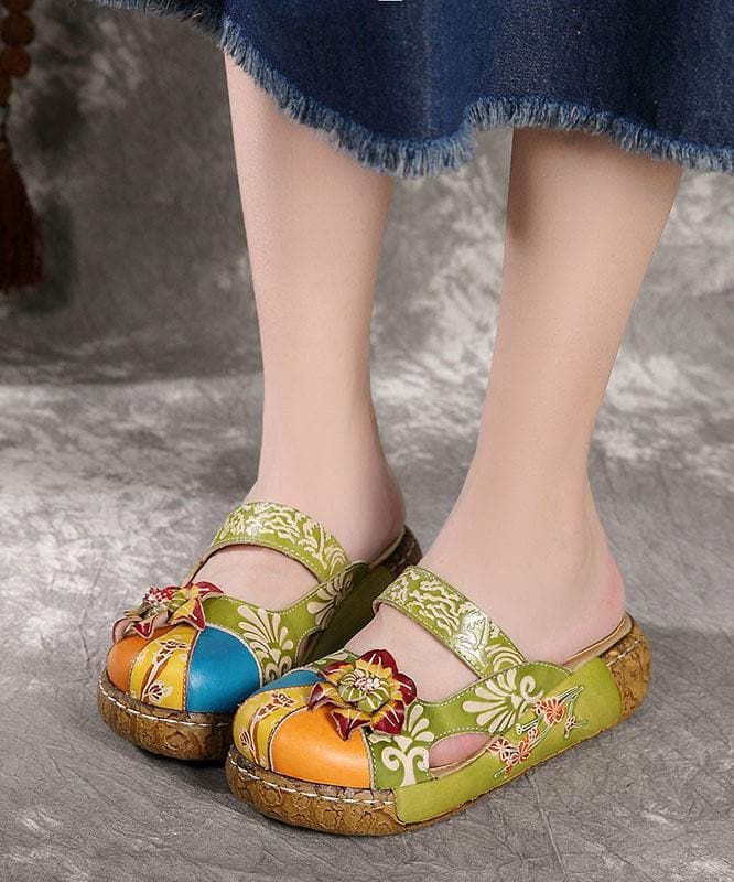 Green Cowhide Leather Retro Splicing Flip Flops Slide Sandals - Slide Sandals - DYAVOR®